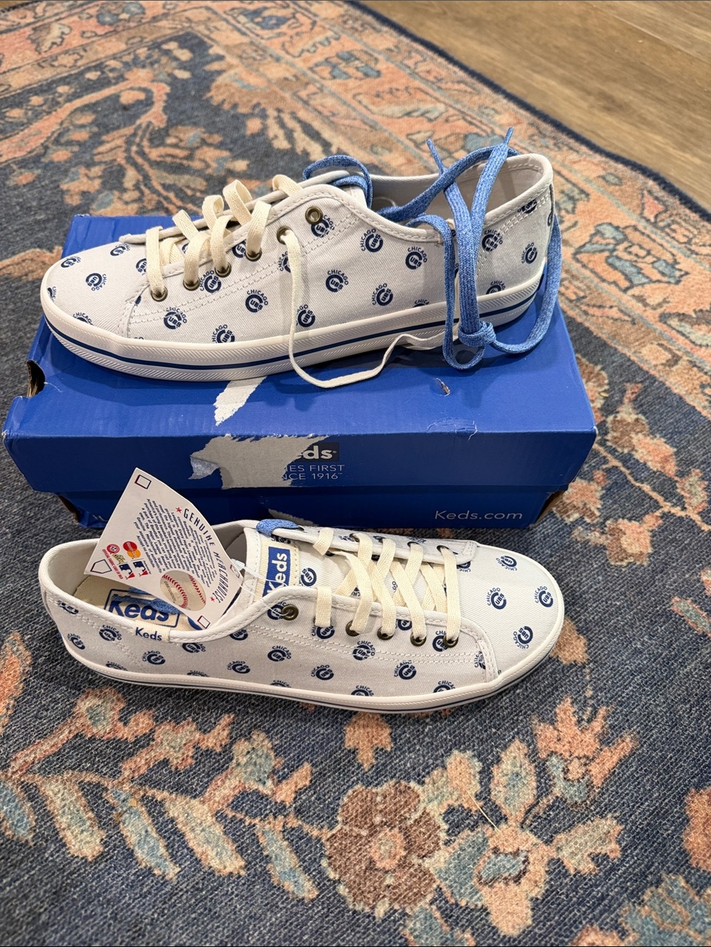 Keds White Canvas Sneakers with Blue Chicago Cubs Print Accents